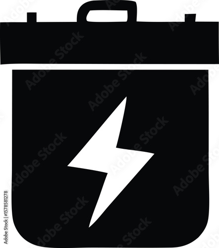 A black silhouette of a briefcase with a white lightning bolt symbol prominently displayed on its front surface
