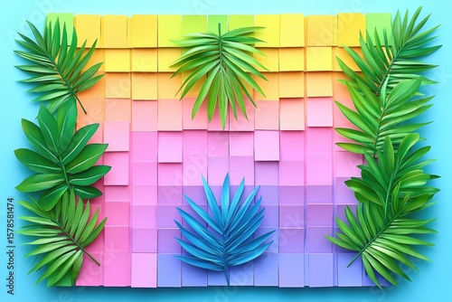 Tropical green palm leaves on rainbow blocks background. Use for summer designs, backdrops, or artistic presentations.