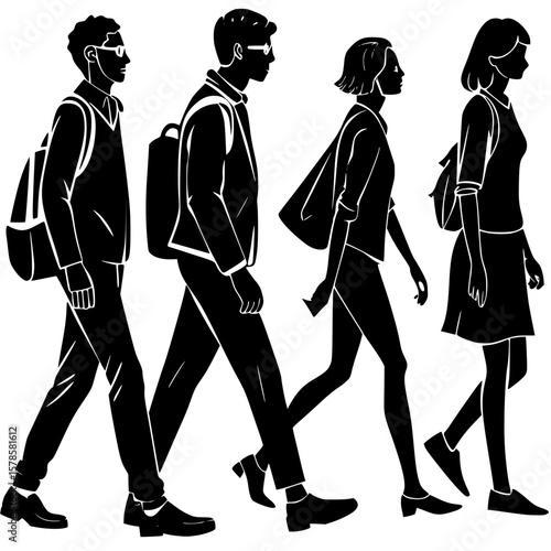 Silhouetted figures of students walking in a line with backpacks and sunglasses transparent background , no background