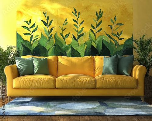 Bright yellow sofa with green pillows against a leaf-painted wall. For interior design, home decor, or a cozy living room concept.