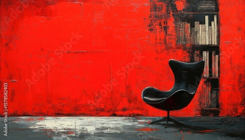 Abstract painting of a chair and books against a vibrant red wall. Use this for bold backgrounds or artistic themed designs.