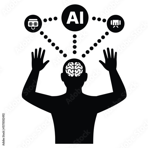 Human rejecting AI control in protest against technology dominance in black and white vector illustration