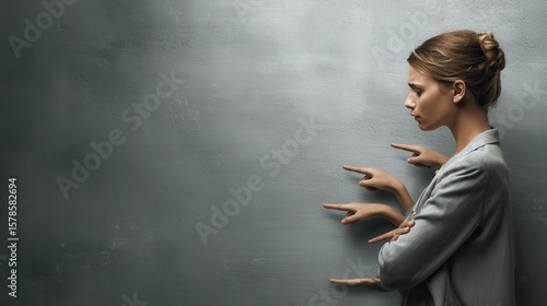 Concept of accusation guilty person girl. Side profile sad upset woman looking down many fingers pointing at her back isolated on grey office wall background. Human face expression emotion feeling, n