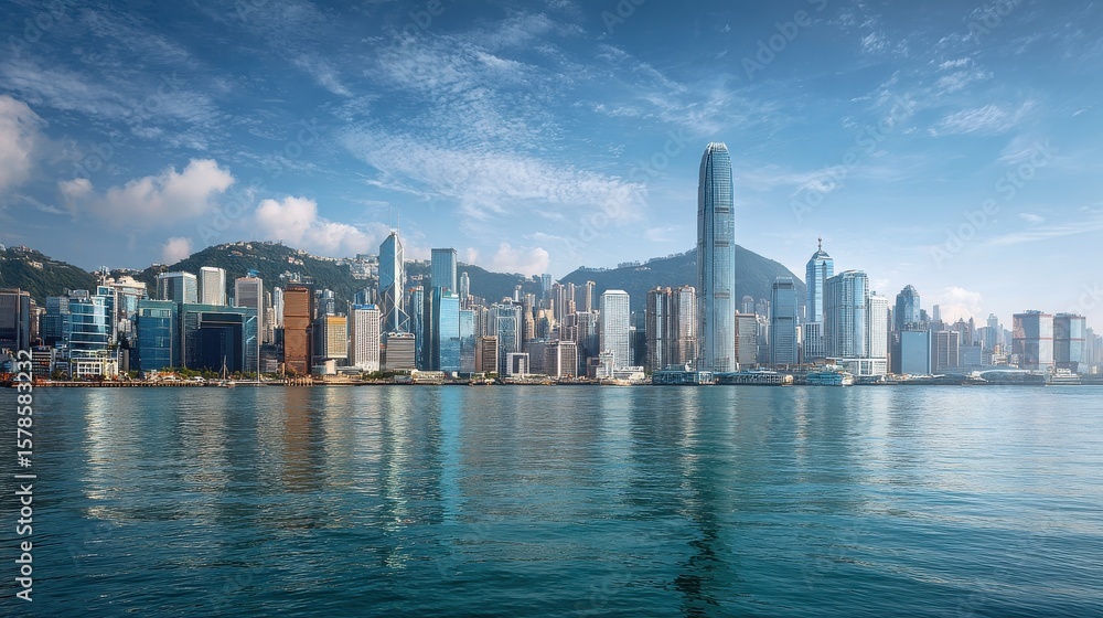 Fototapeta premium Hong Kong, China skyline panorama from across Victoria Harbor., no logos, no brands