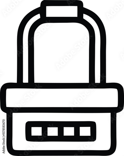 Stylized black and white illustration of a digital padlock with a numeric keypad and a carrying handle representing security and access