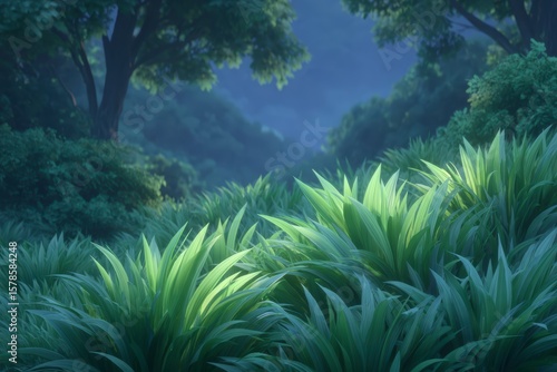 Lush green grass illuminated by soft sunlight in a tranquil forest setting