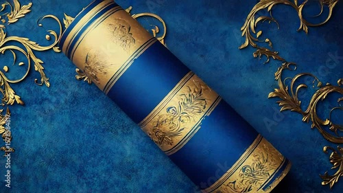 Elegant blue background with gold scroll and ornaments