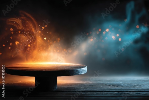 Wallpaper Mural Wooden stage with glowing orange dust particles and blue smoke podium platform Torontodigital.ca