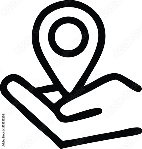 Simple black line art icon depicting a hand gently holding a location pin symbolizing care for places or guidance