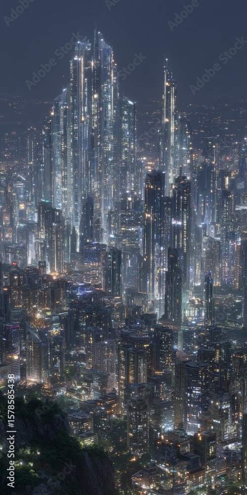 Fototapeta premium Illuminated modern cityscape skyline at night with towering skyscrapers and city lights