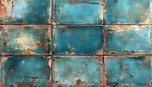 Rustic teal tiles with peeling paint and brown edges create a textured surface. Use as background for designs with vintage or industrial style.