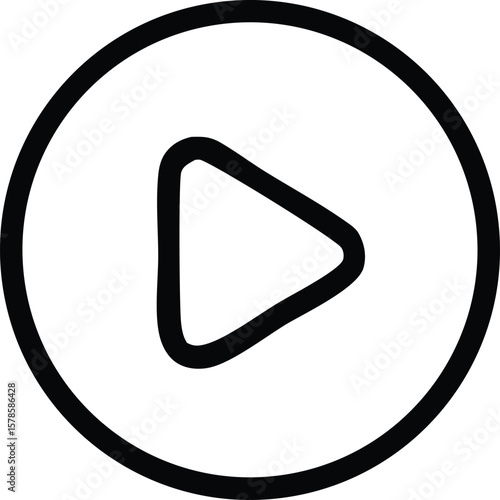 A simple black and white icon featuring a play button symbol enclosed within a circular outline representing media playback and starting content