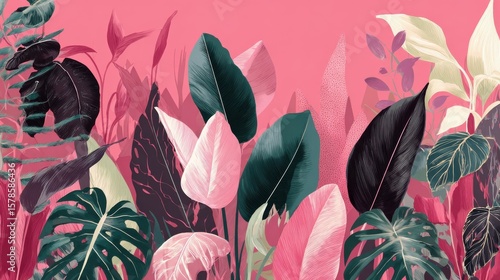 Tropical plants and Jungle background vector. colorful summer pattern design with topical foliage, arts brush and pink color. Modern wallpaper design for prints, poster, cover, cards and. homewares.,