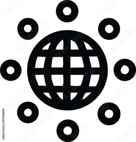 Abstract black and white icon representing a globe surrounded by orbiting circles symbolizing global connectivity and network connections