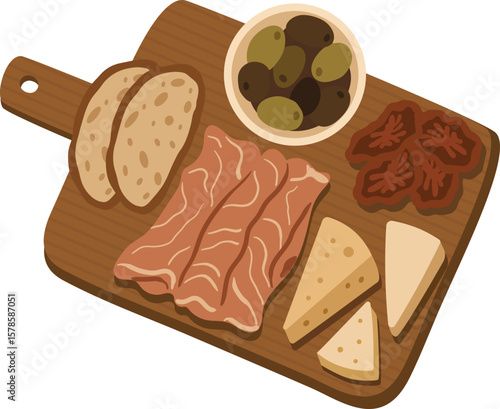 A detailed flat-style vector illustration of an antipasto platter featuring cured meats, cheese slices, olives, sun-dried tomatoes, and fresh bread on a wooden board. Perfect for  menu designs
