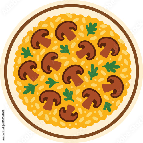 A vibrant flat-style vector illustration of a creamy mushroom risotto served on a plate, garnished with fresh parsley. Ideal for recipe blogs, Italian cuisine features, food packaging, or educational 