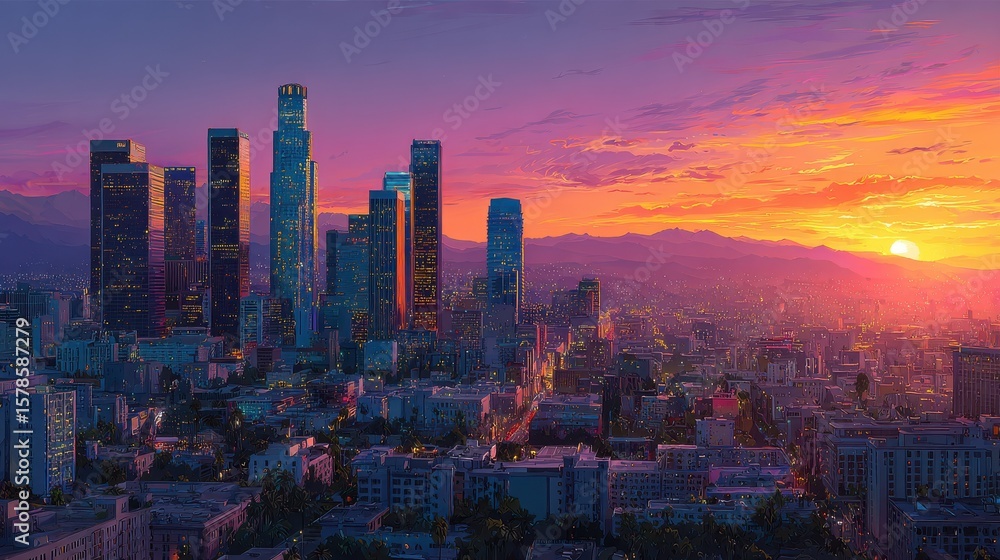 Obraz premium A vibrant cityscape at sunset, blending nature and urban life.