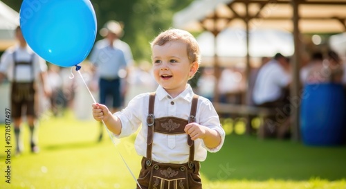 Boy in Lederhosen Playing with Balloon at Oktoberfest
