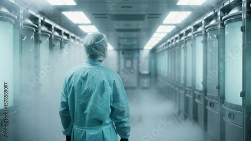 IB 02. Scientist in a protective suit walking through a futuristic laboratory with cryogenic stasis pods.
