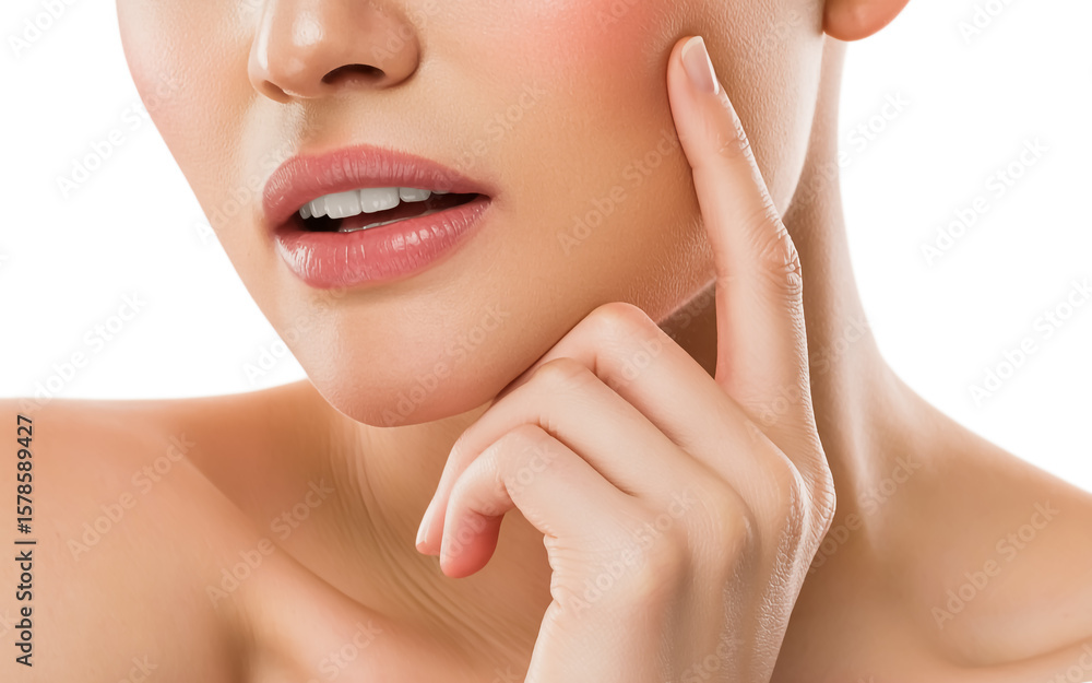 A close-up beauty photograph of a person's lower face and hand against a white background. A close-up beauty photograph of a person's lower face and hand against a white background.