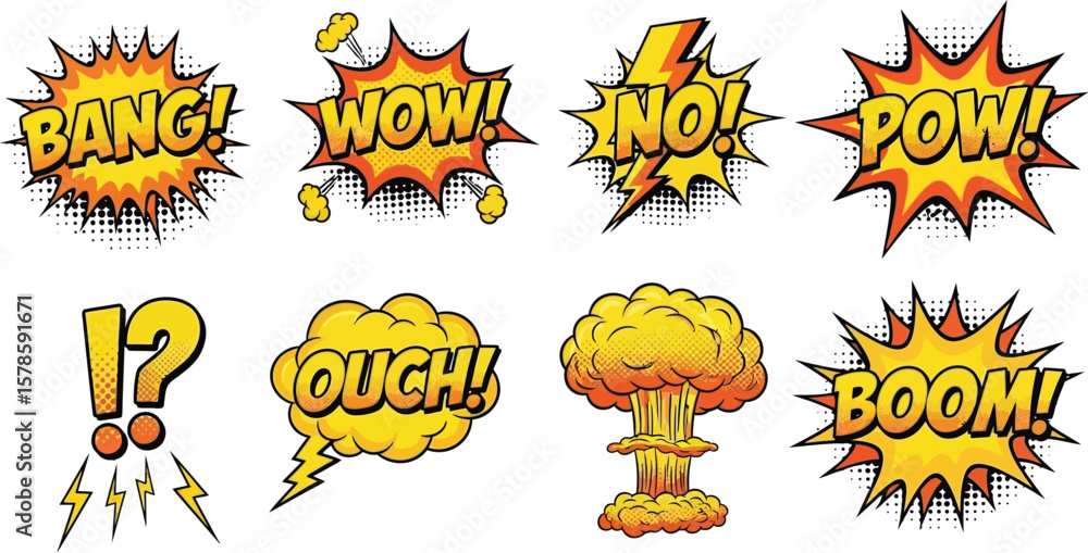 Fototapeta premium Comic speech bubbles vector set, cartoon sound effects, bang pow wow boom ouch no, pop art illustration