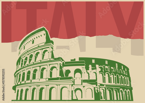 Italy Attraction Postcard, Rome Colosseum Ruins, Old Building Illustration. Vector Template for Touristic Posters, Covers