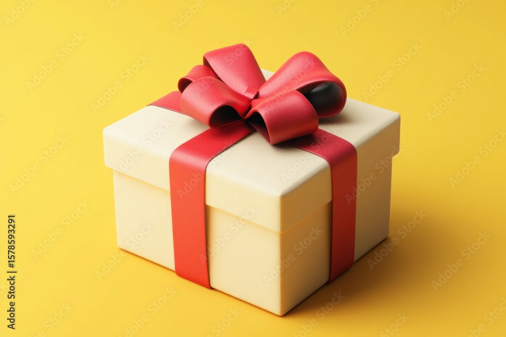 Fototapeta premium Elegant gift box with red ribbon bow on a vibrant yellow background, creating a cheerful and festive atmosphere