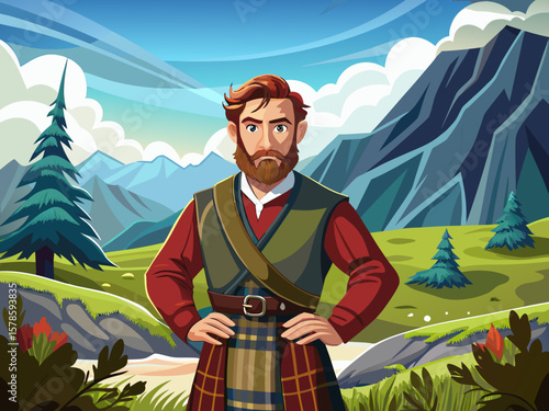 vector of A handsome Scottish man in traditional mountain clothes in a foggy landscape.
