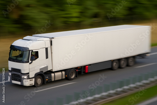 Wallpaper Mural White European Semi-Truck with Box Trailer on Forest Highway – Motion Blur Concept Torontodigital.ca