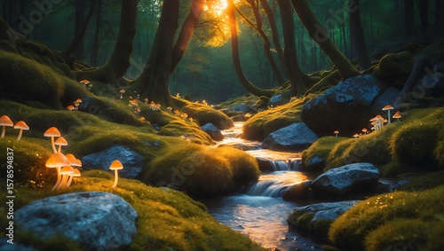 Forest Stream with Mushrooms and Golden Sunlight Filtering Through Trees
