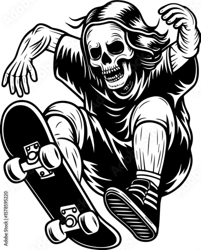 SVG of a hip hop gangster skeleton with bold urban style and tattoo design. Skateboarding Skeleton Performing Tricks in Black and White Style