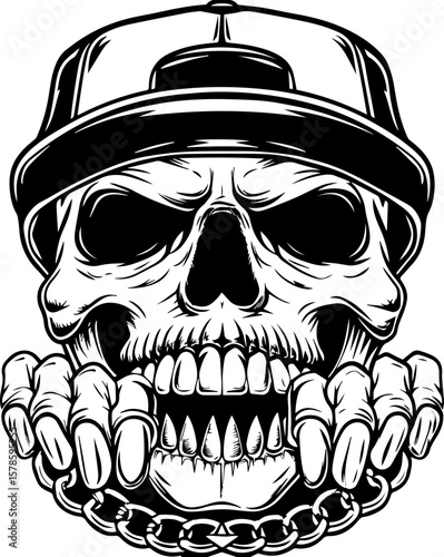 SVG of a hip hop gangster skeleton with bold urban style and tattoo design. Skull with Helmet and Chain Graphic Art for Punk and Street Style