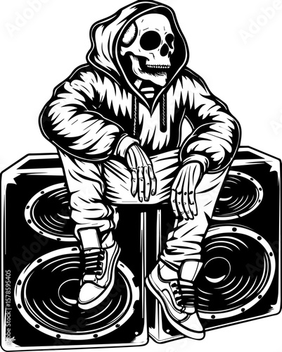 SVG of a hip hop gangster skeleton with bold urban style and tattoo design. Stylish Skeleton in Hoodie Sitting on Large Speakers