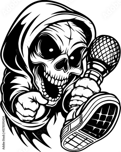 SVG of a hip hop gangster skeleton with bold urban style and tattoo design. Creepy Skeleton Character With Microphone and Hooded Sweater Design