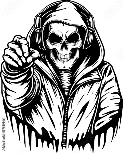SVG of a hip hop gangster skeleton with bold urban style and tattoo design. Dark Skull Character with Headphones in Grunge Style Illustration
