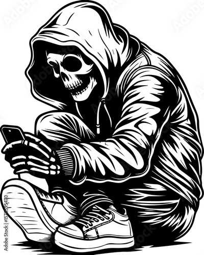 SVG of a hip hop gangster skeleton with bold urban style and tattoo design. Urban Skeleton in Hoodie Using Smartphone in Modern Style