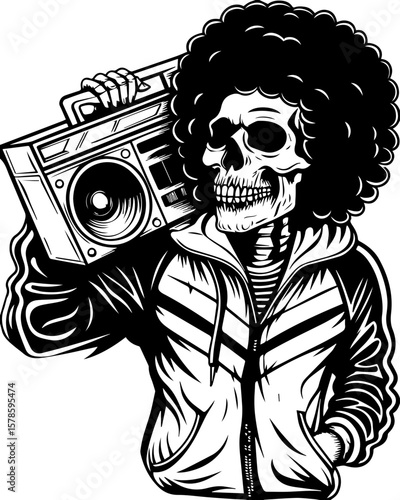 SVG of a hip hop gangster skeleton with bold urban style and tattoo design. Skeleton with Afro Holding Boombox in Retro Style Artwork