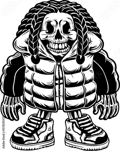 SVG of a hip hop gangster skeleton with bold urban style and tattoo design. Cartoonish Skeleton Character with Braids and Stylish Outfit