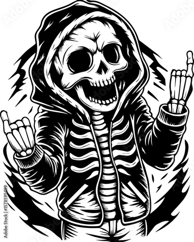 SVG of a hip hop gangster skeleton with bold urban style and tattoo design. Cool Skeleton Character with Hoodie and Symbolic Gesture in Black and White