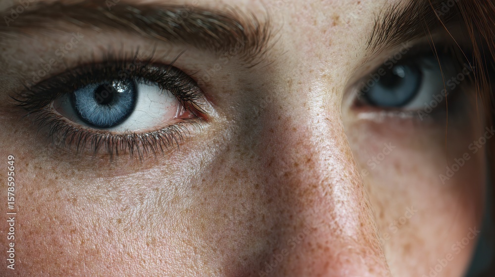 Obraz premium A close-up portrait of a person with bright blue eyes, ideal for use in editorial or commercial contexts