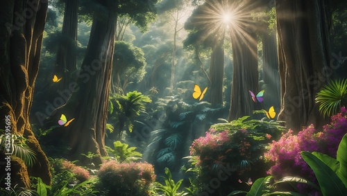 Butterflies Flying in Lush Forest with Sunlight Streaming Through Trees