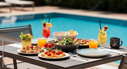 Summer Table with Food and Drinks by Poolside Meal Outdoor