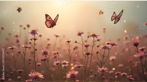 Wallpaper Mural Pink Flower Field with Butterflies Flying in Soft Sunset Light Torontodigital.ca