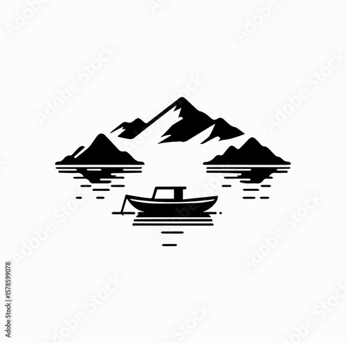 Minimalist Black Vector Logo of Boat on Lake Como with Mountain Silhouette Isolated on White Background