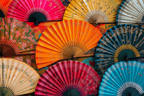 Display of colorful traditional Spanish flamenco fans in Andalusia, Spain background