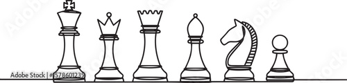 one line drawing of six classic chess pieces in a horizontal row with clean geometric profiles