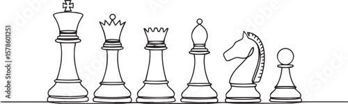 one line drawing of six classic chess pieces in a horizontal row with clean geometric profiles