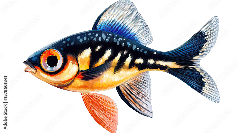 Fototapeta premium Zebra fish with black and white striped pattern and aquatic body detail isolated on white background