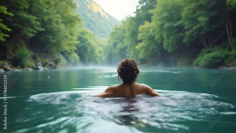 Woman Swimming in a Peaceful Mountain Lake Surrounded by Forest Woman Swimming in a Peaceful Mountain Lake Surrounded by Forest
