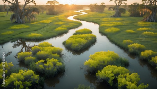 Scenic River Flowing Through Green Meadow at Sunset Landscape